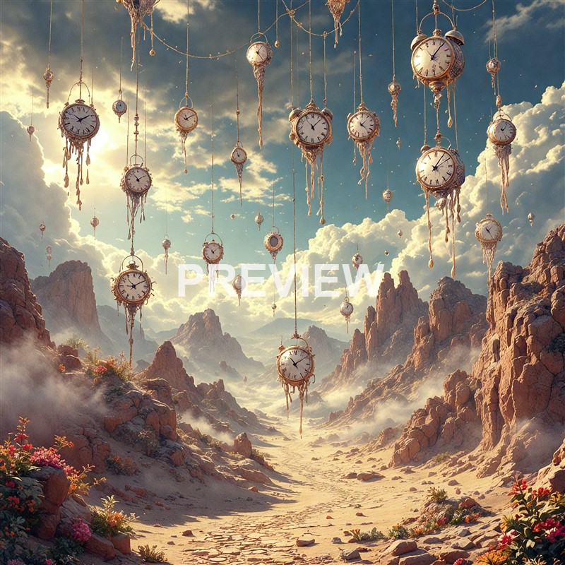 Numerous vintage pocket watches are hanging from strings in a surreal landscape with rocky mountains, a cloudy sky, and a desert-like ground.